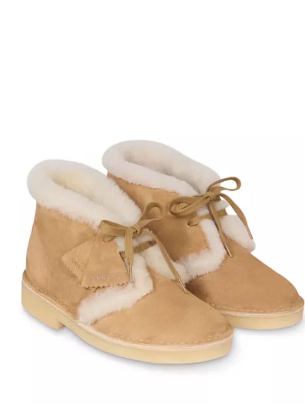 New! Sandro x Clark’s Tan Suede Shearling-Lined Lace-Up Boots